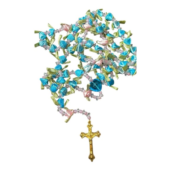 Rosary from Italy! Unique Ribbon Flowers, Crystal 💙 gold cross stamped Italy - Picture 6 of 7